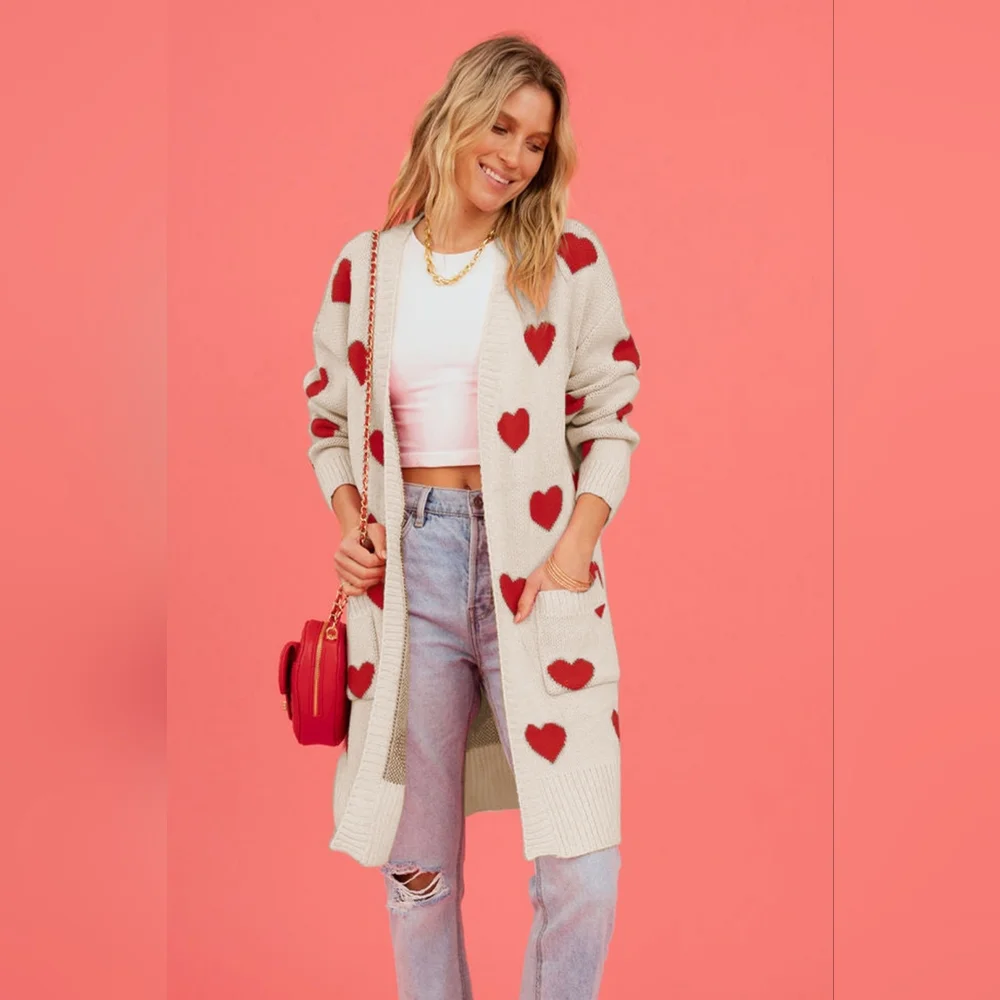 Contrasting Heart Knit Open Front Longline Pocket Sweater Cardigan Valentine - Picture 9 of 9